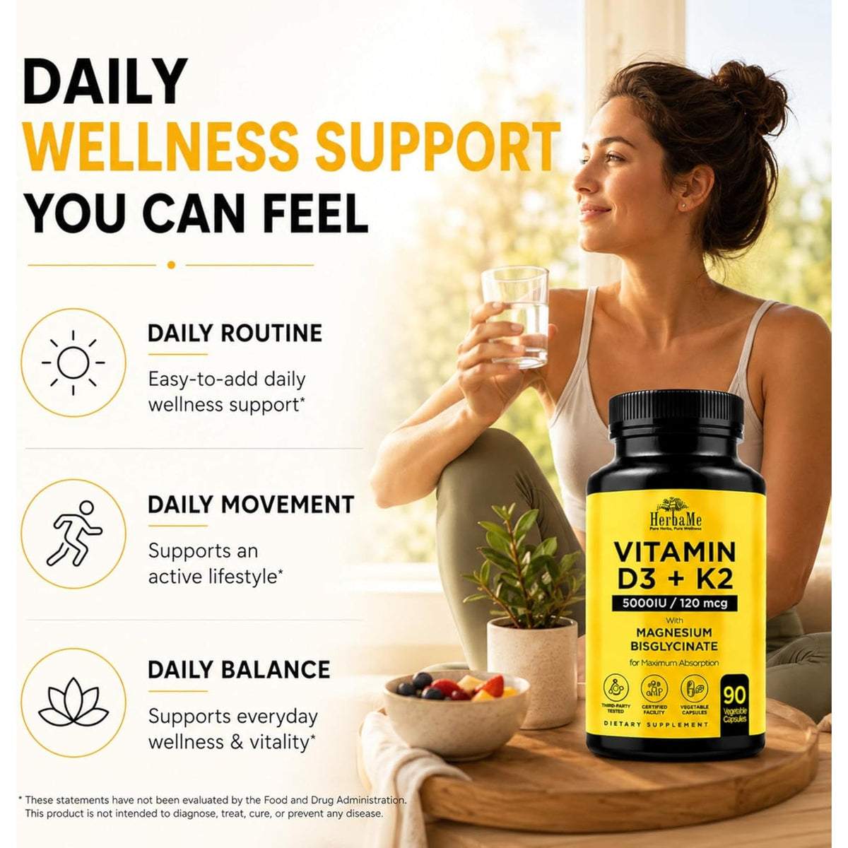 Herbame Vitamin D3 5000 IU + K2 with Magnesium Bisglycinate | Complete D3 Activation & Absorption Support Formula | Bone, Muscle & Immune Wellness | 90 Capsules