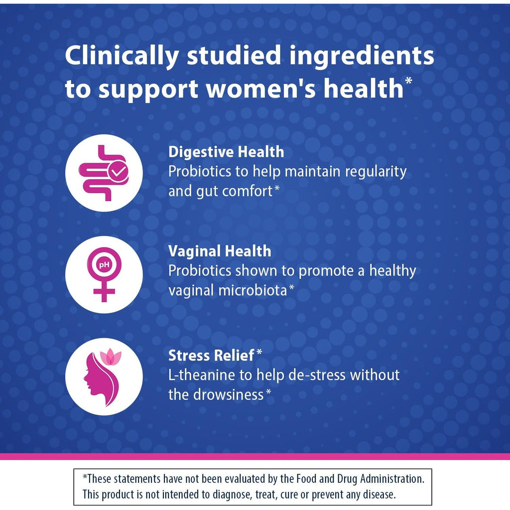 Florastor Probiotics for Women, Digest and De-Stress, Probiotics for Digestive Health, Vaginal Probiotic, and L-Theanine for Mind and Body Wellness, 30 Capsules