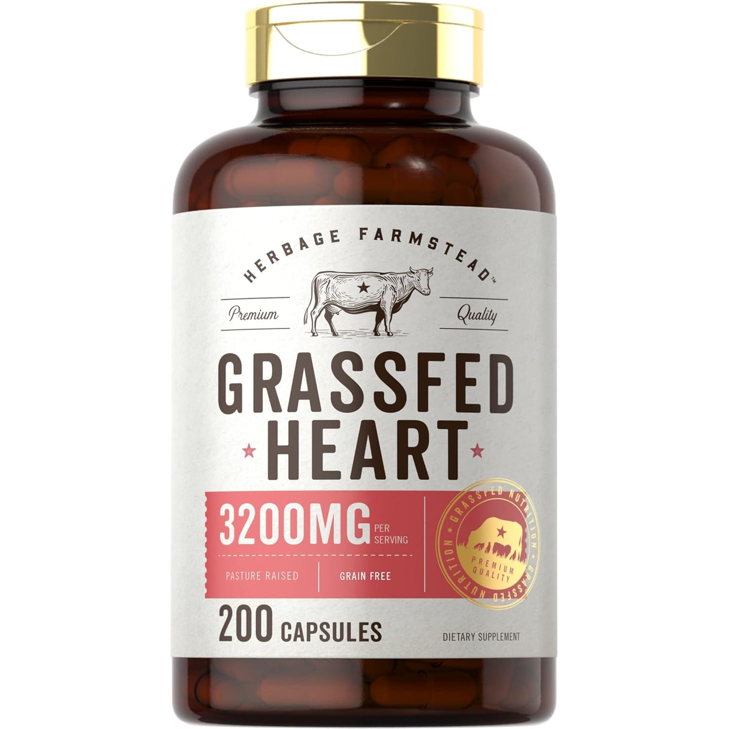 Carlyle Grass Fed Beef Heart Supplement | 3200Mg | 200 Count | Desiccated Pasture Raised Bovine Capsules | Non-Gmo, Gluten Free | by Herbage Farmstead