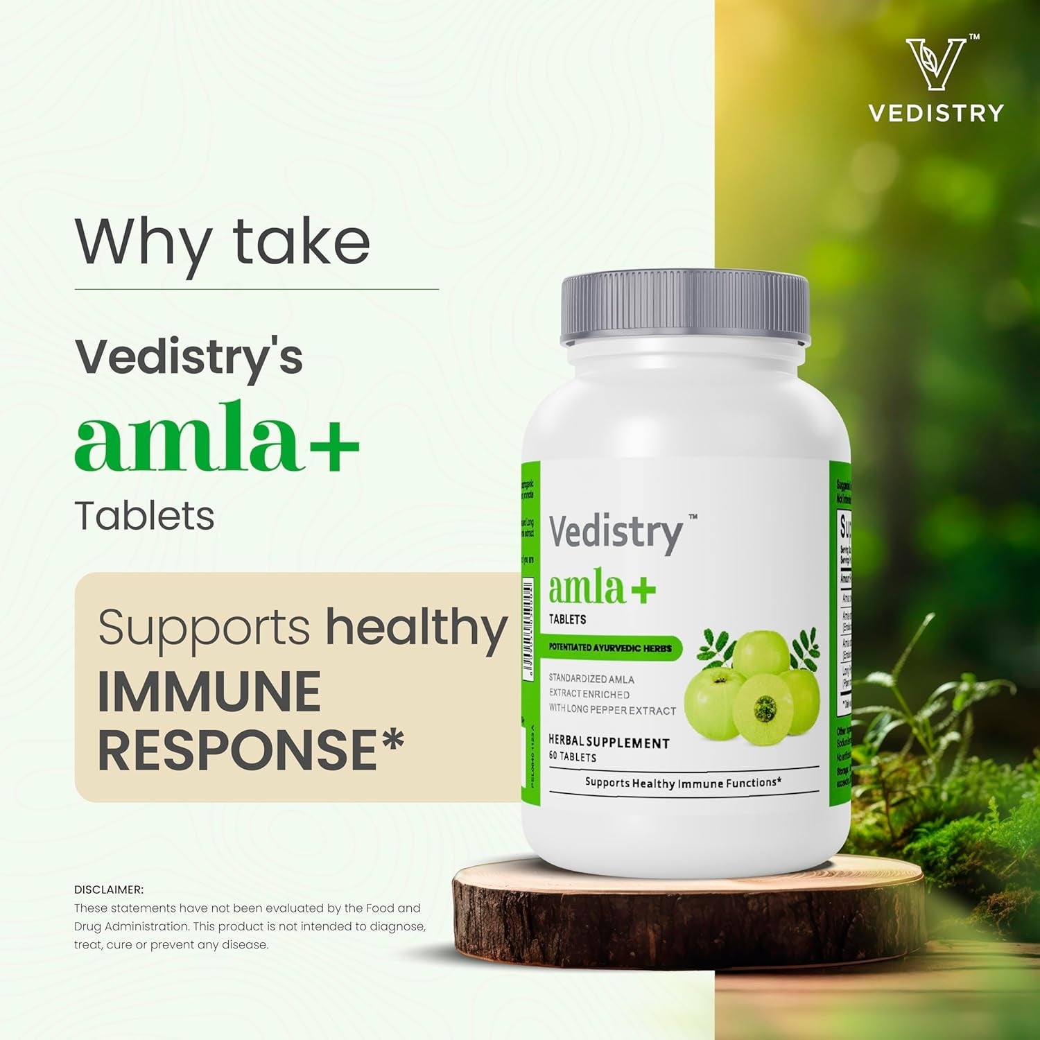Vedistry Amla Supplement 1100Mg Indian Gooseberry Tablet with Long Pepper for Immunity & Energy Herbal Supplement Rich in Vitamin C & Antioxidant for Hair Growth, Energy & Overall Wellness– 60 Tablets