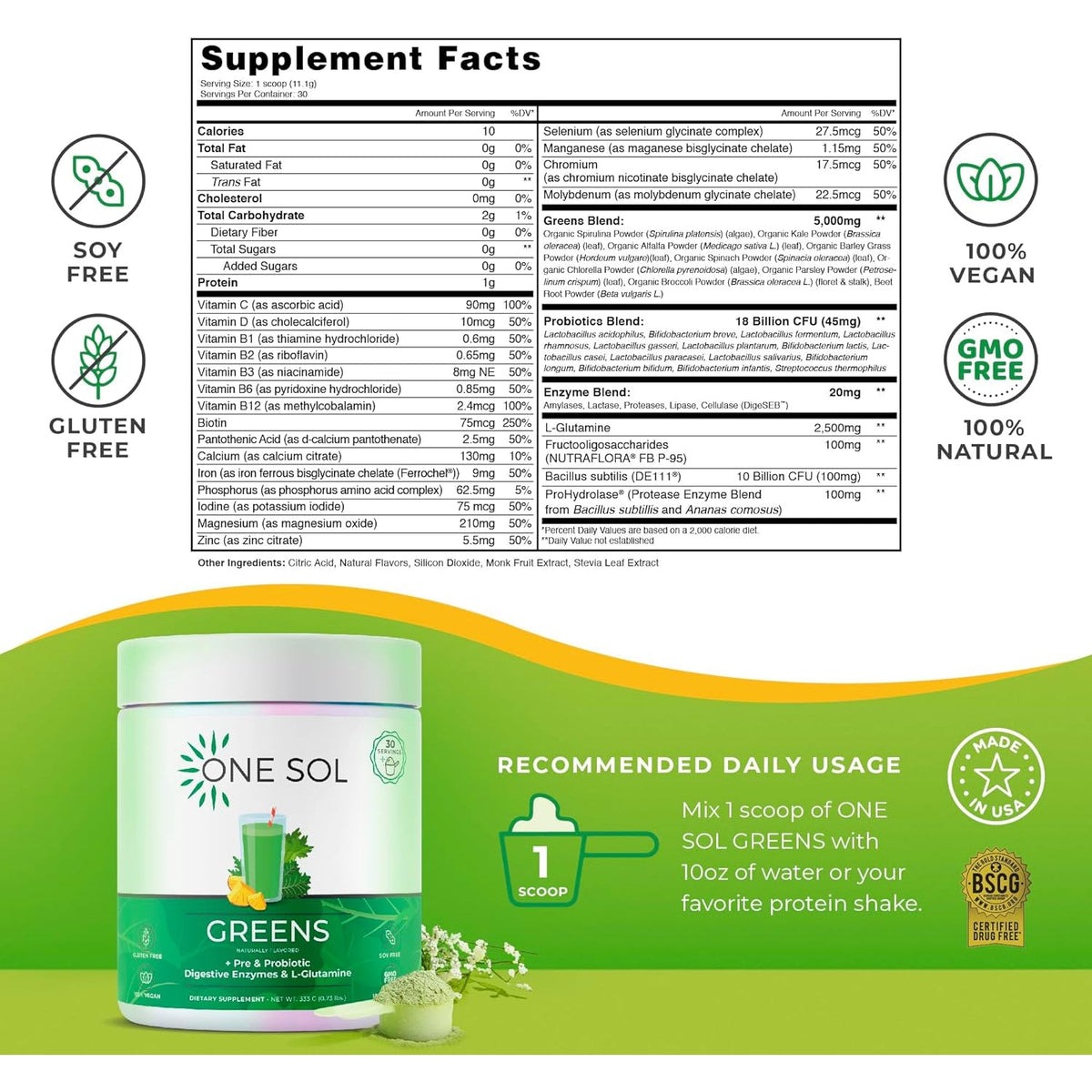 One Sol Greens, Super Greens Powder to Reduce Bloating & Improve Gut Health, Superfood Fresh Bloom Organic Greens Blend Juice & Smoothie Mix, Pre & Probiotic with Digestive Enzymes, Vegan & Soy Free