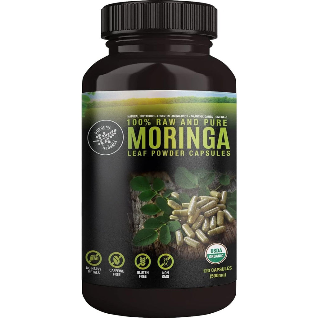 SUPREME HERBALS, 100% Raw and Pure Moringa Leaf Powder Capsules. Organic Certified Moringa Leaf. Natural Superfood with Essential Amino Acids, Antioxidants and Omega 3, 500Mg, 120 Capsules.