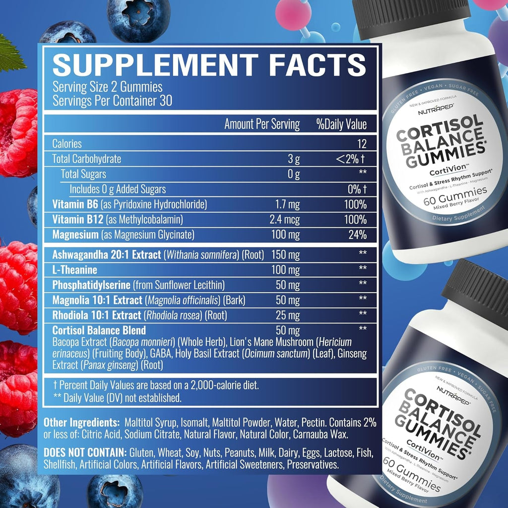 Nutrapep Cortisol Gummies for Women Men - 13-In-1 High Cortisol Reducer with Ashwagandha Magnesium L-Theanine Rhodiola Rosea - Daily Cortisol Detox Manager for Stress Focus Support - Vegan Sugar Free