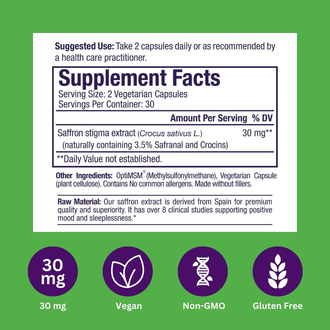 Paradise Herbs Saffr-Tone, Saffron Extract, Active Whole Spectrum Extract, Super Potent, Ultra Pure, Vegan, Non-Gmo, Gluten Free, 60 Vegetarian Capsules