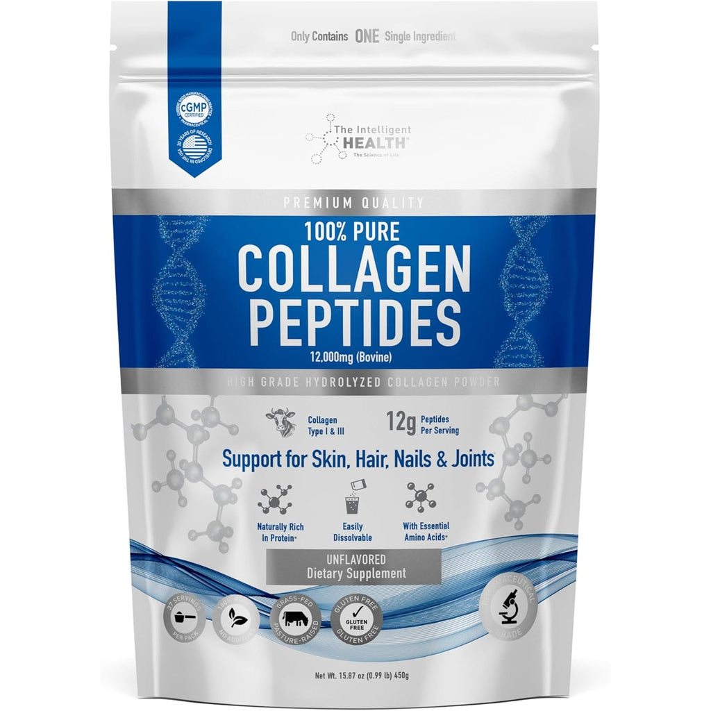 The Intelligent Health Collagen Peptides Powder, 45 Servings, Hydrolyzed Collagen, Type I & III, Grass Fed, Unflavored, Gluten Free, Keto/Paleo, 10G Servings, 15.9 Oz, Skin Support, Hair, Nail, Joints