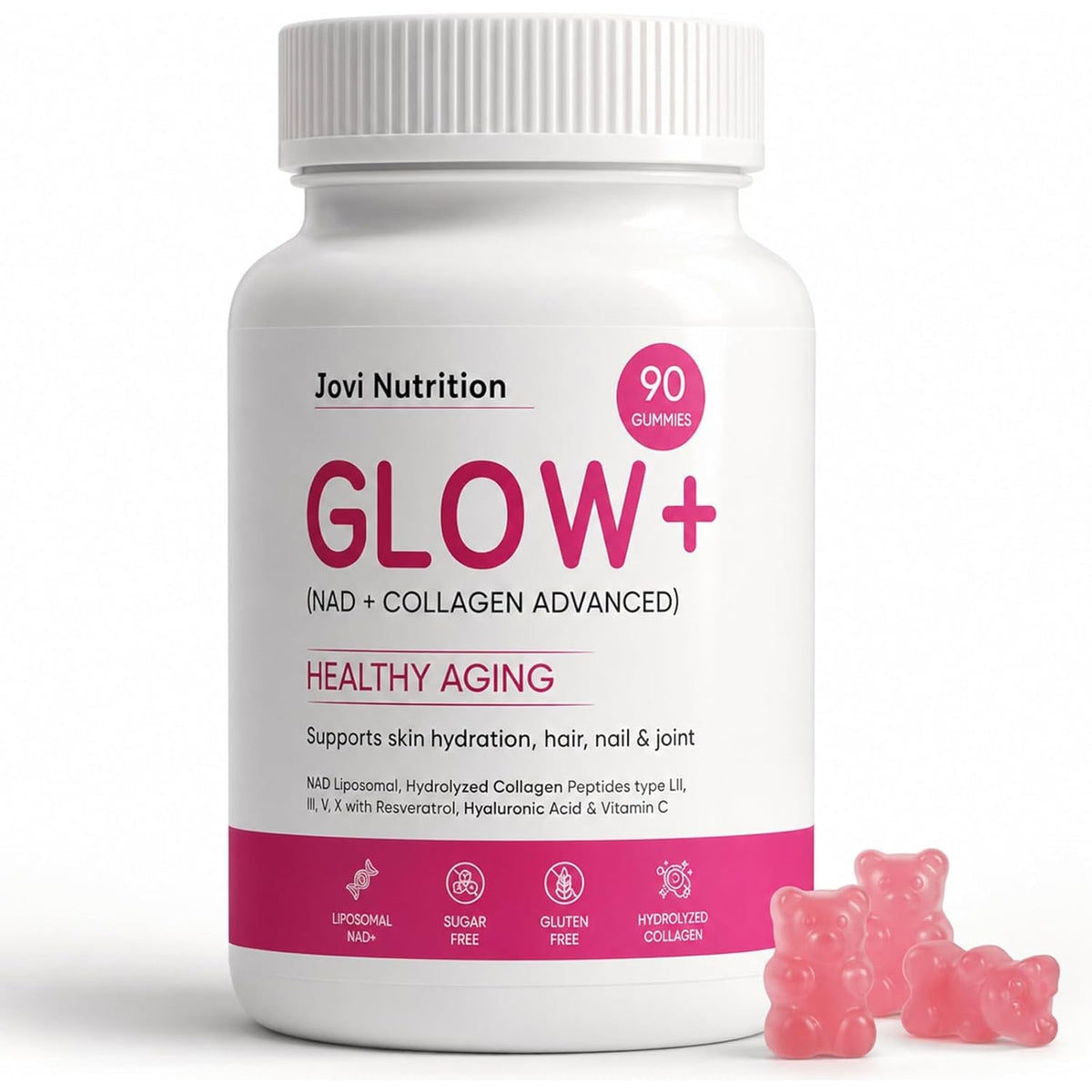 Jovi Glow+ NAD+ & Collagen Gummies, Multi-Type Hydrolyzed Collagen Peptides, Resveratrol, Hyaluronicacid, Vitaminc, Supplement for Skin, Hair, Nails, 90 Count (1, A)