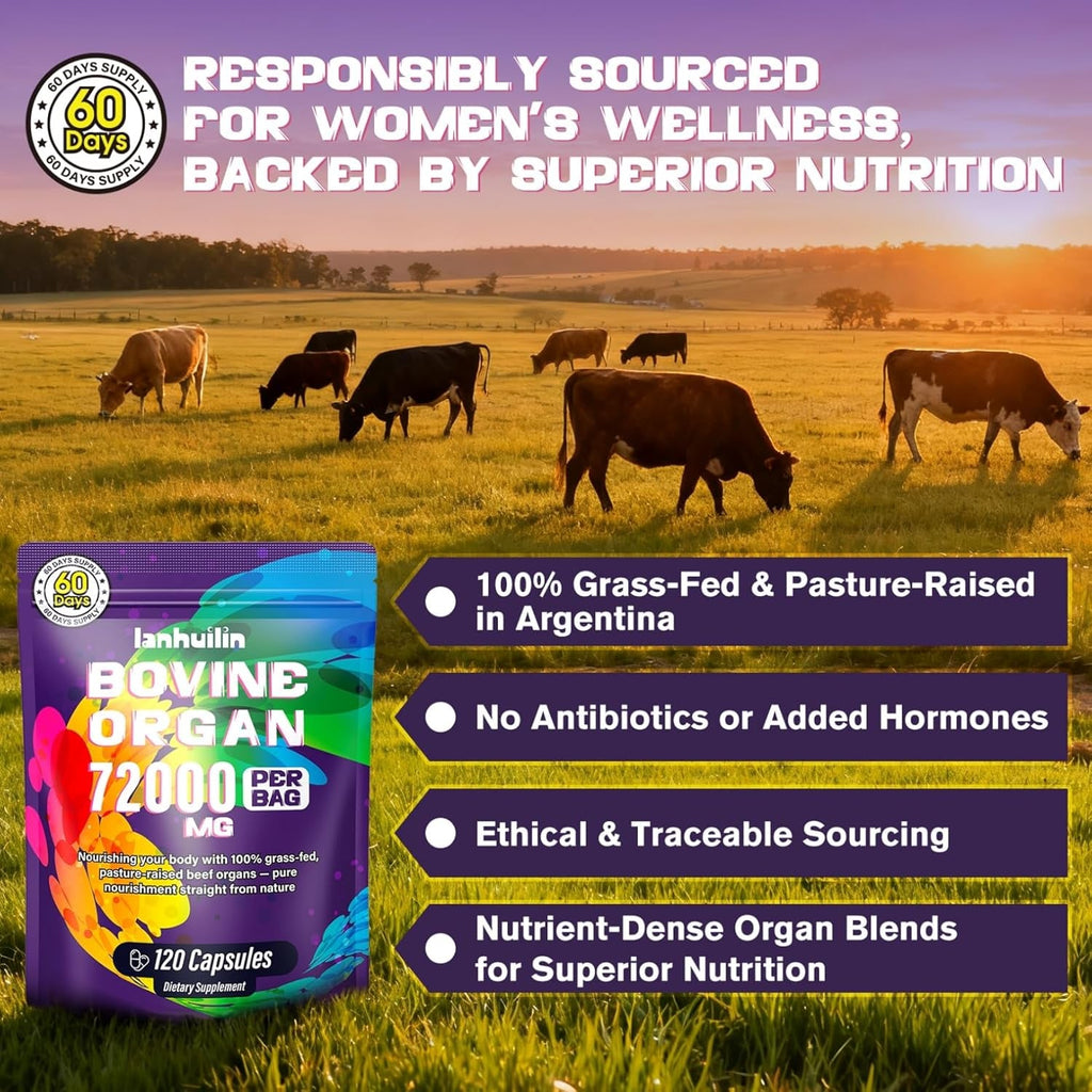 Beef Organ Supplement for Women - 100% Grass Fed Beef Organs with Bovine Liver, Ovary, Uterus, Kidney, Heart & Fallopian Tubes - PMS, Menopause & Energy, Immune & Mood Support, 120 Count