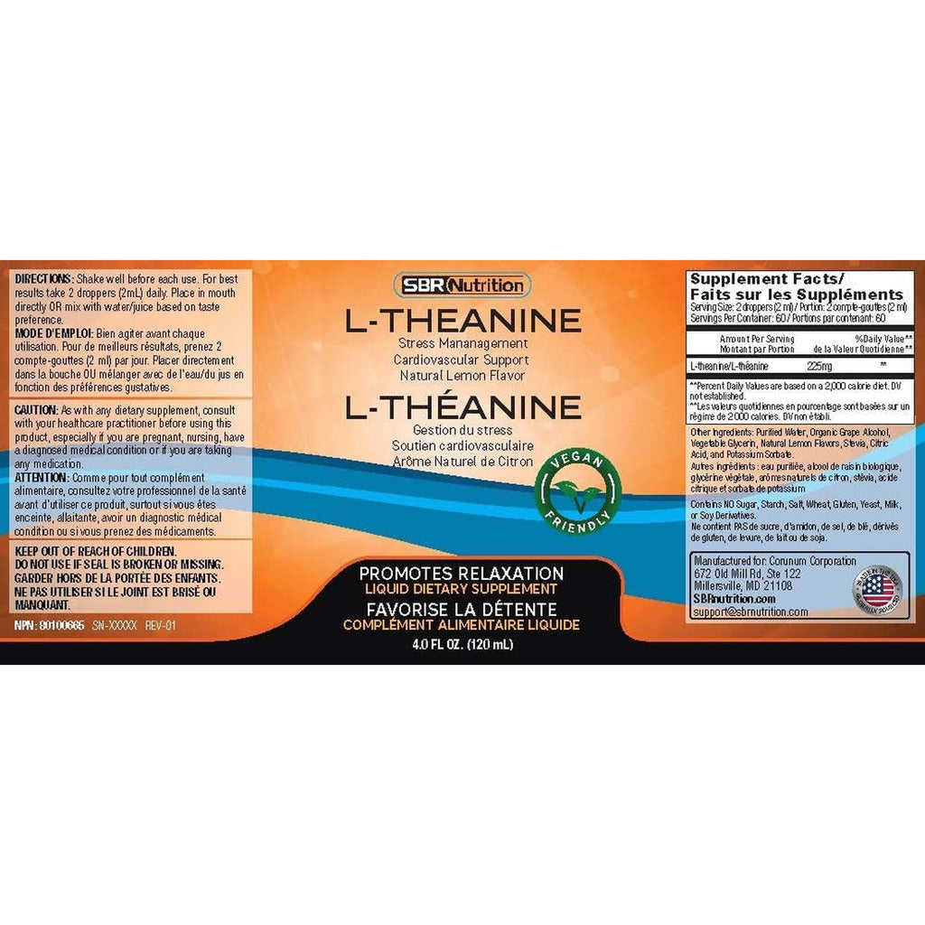 SBR Nutrition Liquid L-Theanine Drops | All Natural, Vegan, Alcohol Free, Non-Gmo | for Sleep Aid, Calm, Relaxation, Focus without Drowsiness | Synergistic with Coffee or Caffeine