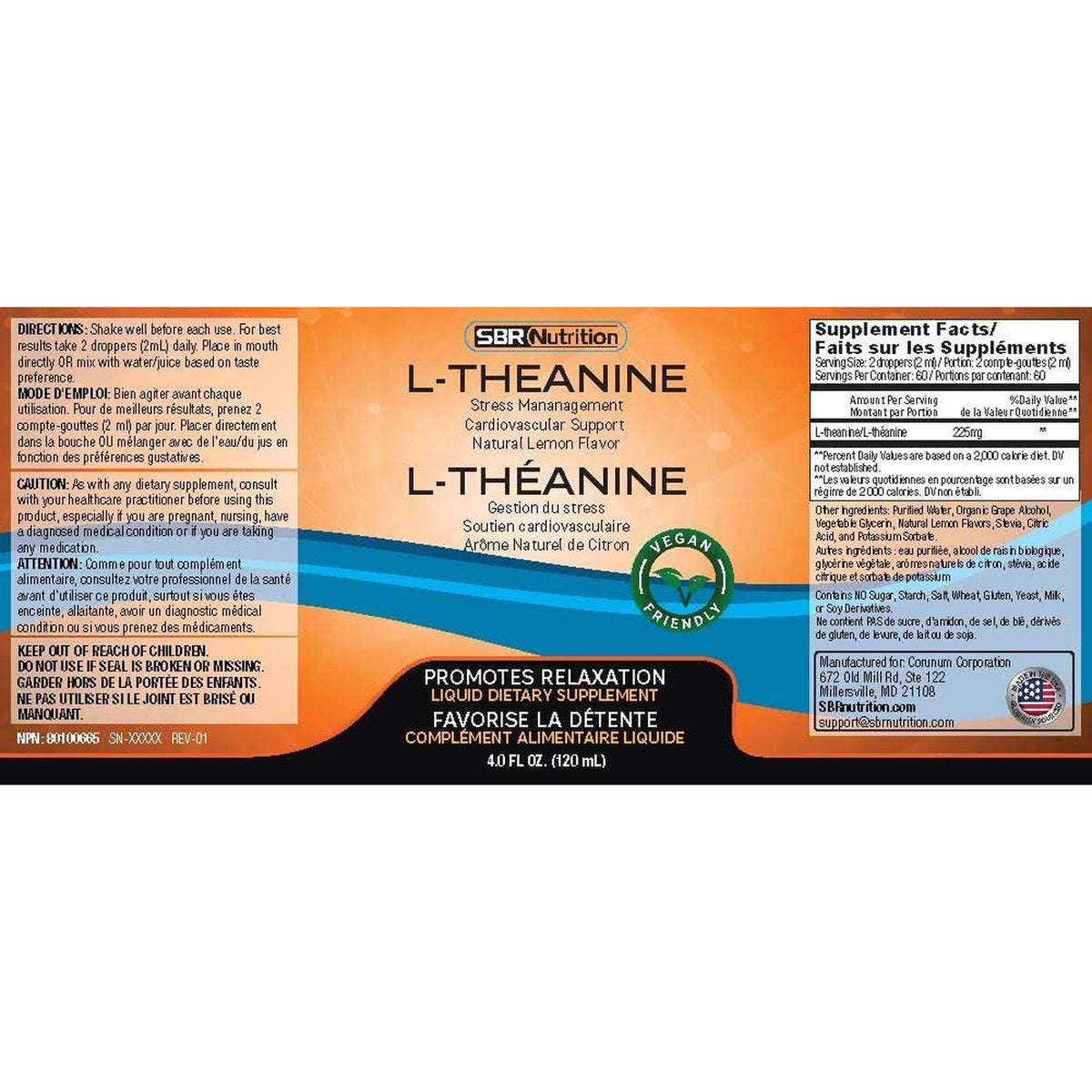 SBR Nutrition Liquid L-Theanine Drops | All Natural, Vegan, Alcohol Free, Non-Gmo | for Sleep Aid, Calm, Relaxation, Focus without Drowsiness | Synergistic with Coffee or Caffeine