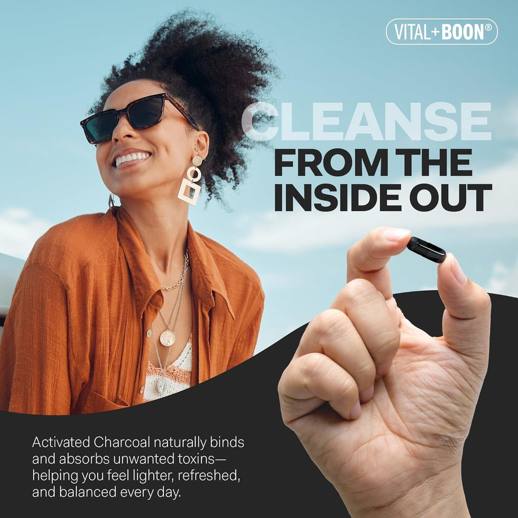 Vital+Boon Activated Charcoal Pills – Derived from Coconut Shells – Black Charcoal Binder for Stomach, Gas & Bloating Relief – Gluten Free Vegetarian Active Carbon to Support Detox (120 Capsules)