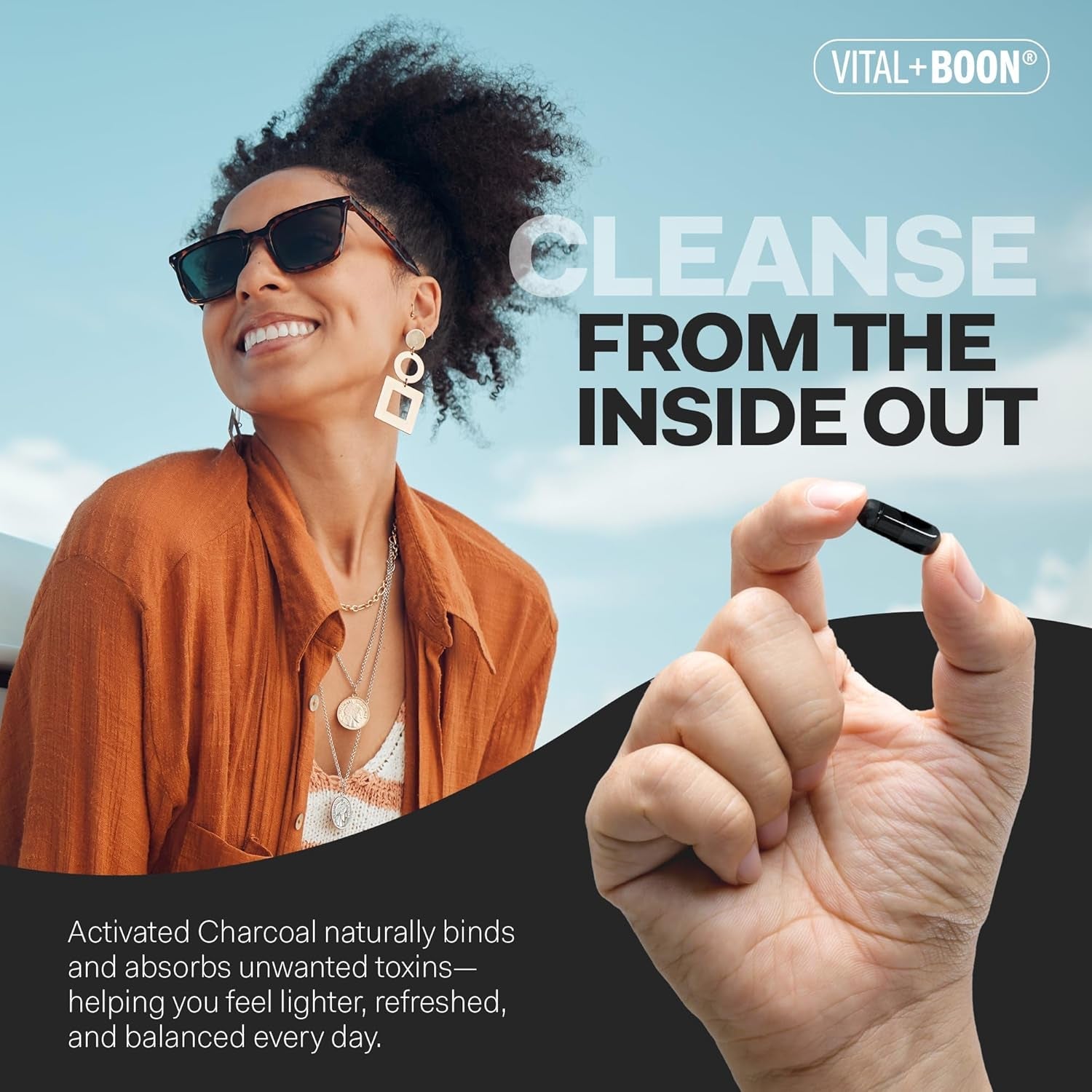 Vital+Boon Activated Charcoal Pills – Derived from Coconut Shells – Black Charcoal Binder for Stomach, Gas & Bloating Relief – Gluten Free Vegetarian Active Carbon to Support Detox (120 Capsules)