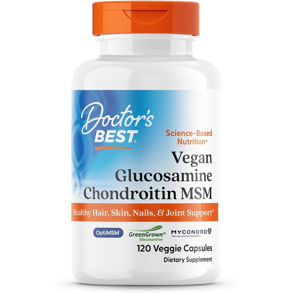 Doctor'S Best Vegan Glucosamine Chondroitin MSM - Joint Health Support Supplement for Women & Men, Nutritional Support for Joint Strength, Hair, Skin, & Nails, Gluten Free, Non GMO - 120 Veg Capsules