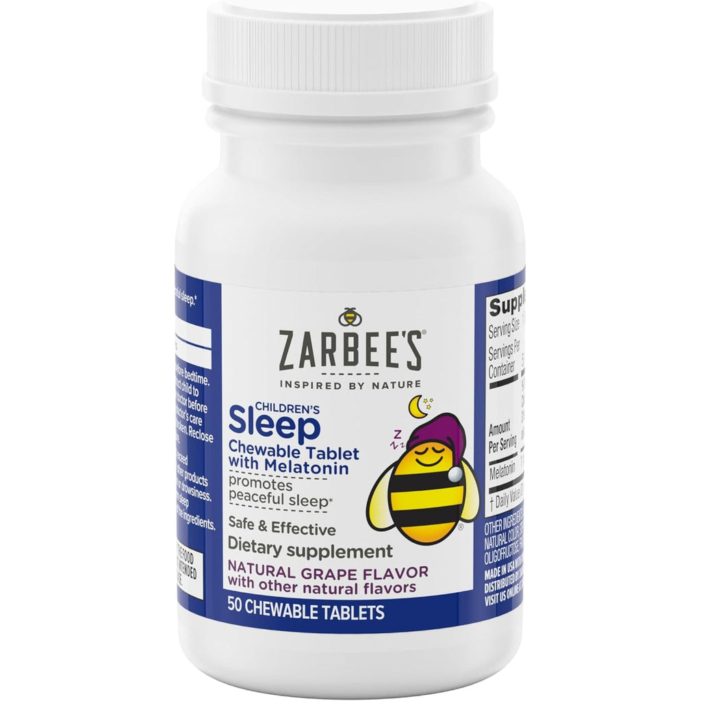 Zarbee'S Kids Melatonin Chewable Tablet, 1Mg Melatonin, Drug-Free & Effective Sleep Supplement, Natural Grape Flavor, No Artificial Sweeteners or Dyes, Gluten Free, Ages 3+, 50 Ct