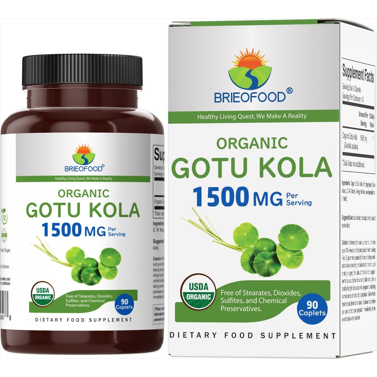 Brieofood Organic Gotu Kola 1500Mg, 45 Servings, Vegetarian, Gluten Free, 90 Vegetarian Tablets