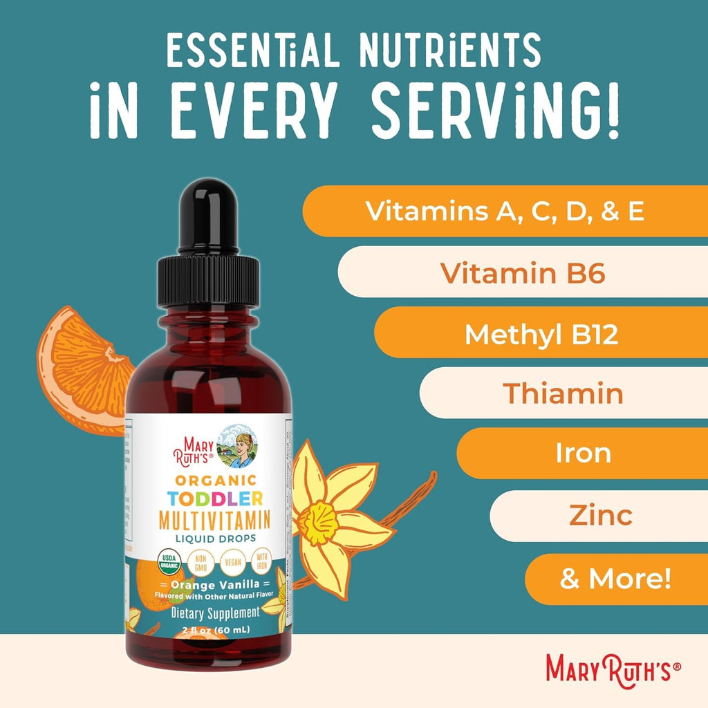 MARYRUTH'S Organics Multivitamin & Multimineral with Iron for Toddlers | USDA Organic | Sugar Free | Multivitamin Liquid Drops for Kids Ages 1-3 | Immune Support | Vegan | Non-Gmo | 2 Fl Oz