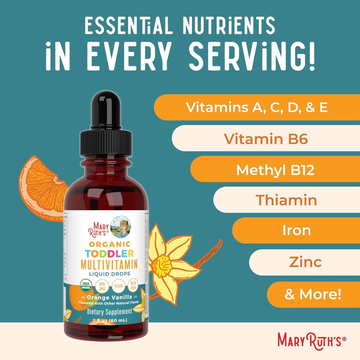 MARYRUTH'S Organics Multivitamin & Multimineral with Iron for Toddlers | USDA Organic | Sugar Free | Multivitamin Liquid Drops for Kids Ages 1-3 | Immune Support | Vegan | Non-Gmo | 2 Fl Oz