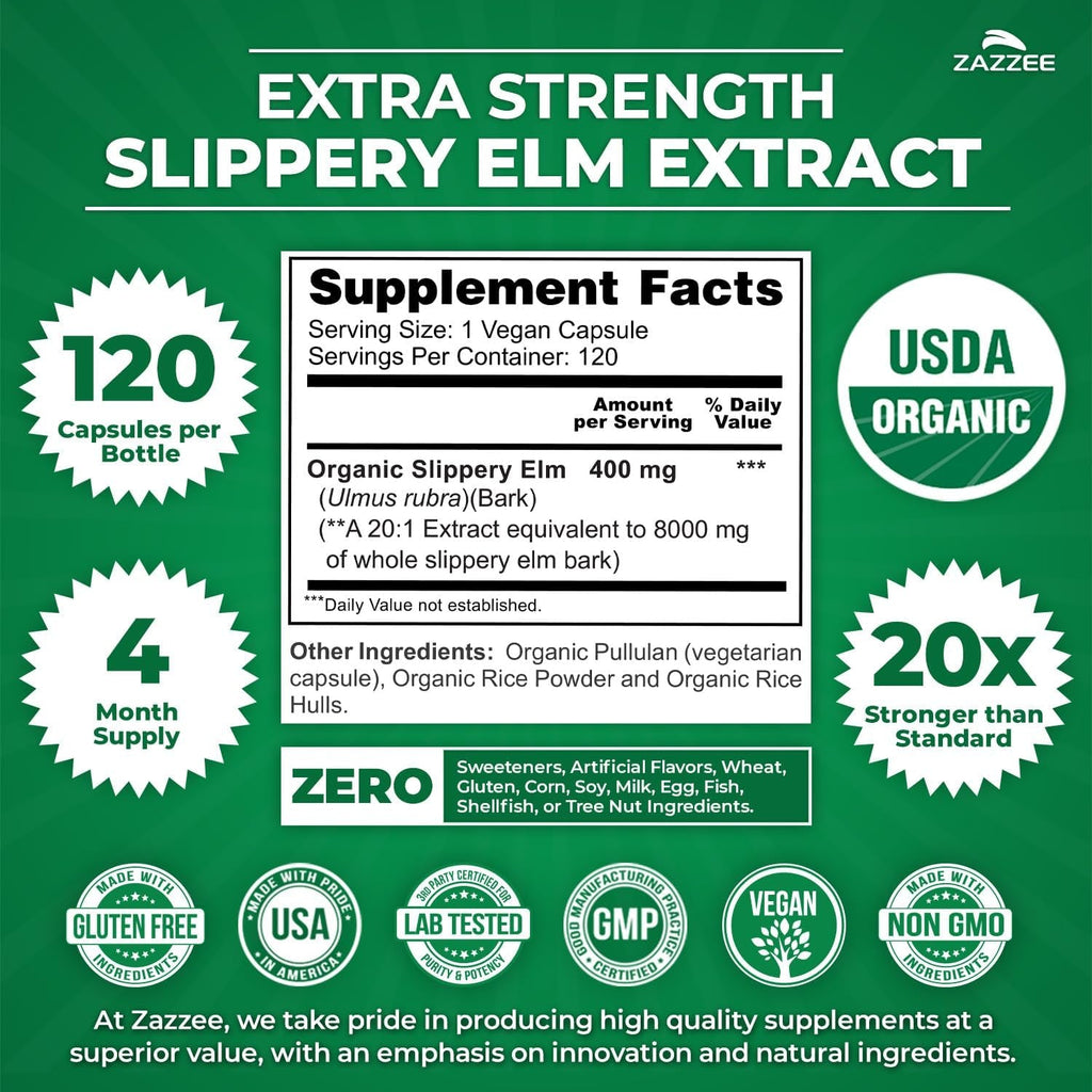 Zazzee USDA Organic Slippery Elm Bark 20:1 Extract, 120 Vegan Capsules, 4 Month Supply, Ulmus Rubra, Digestive, Throat & Mucosal Support, Herbal Supplement, All-Natural, Non-Gmo, Made in the USA
