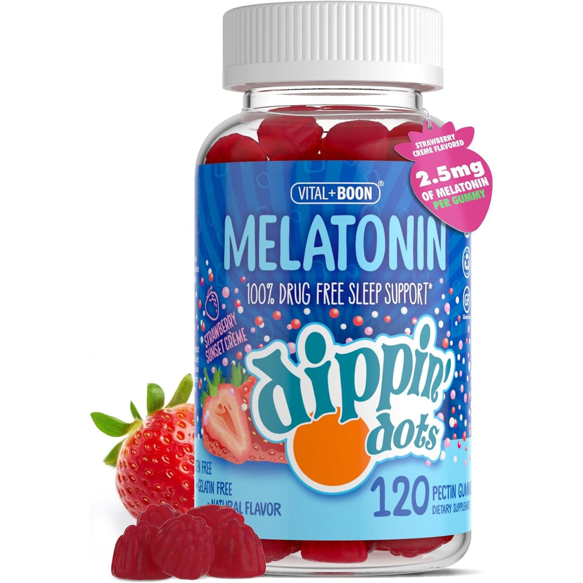 Dippin Dots - Melatonin Gummies for Kids & Adults (60 Days Supply) Strawberry Sunset Creme Flavor | 2.5Mg per Kids Melatonin Supplement for Faster, Longer Sleep | Gummies for Children (120 Count)