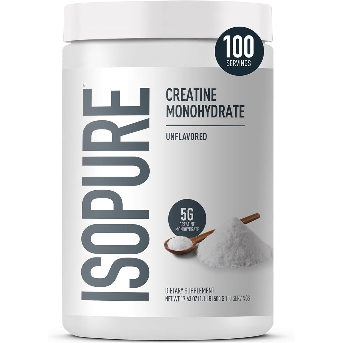 Isopure 100% Pure Creatine Monohydrate Powder, Sugar Free, Unflavored, 5G Creatine Monohydrate per Serving, 1.1 Lbs, 100 Servings (Packaging May Vary)