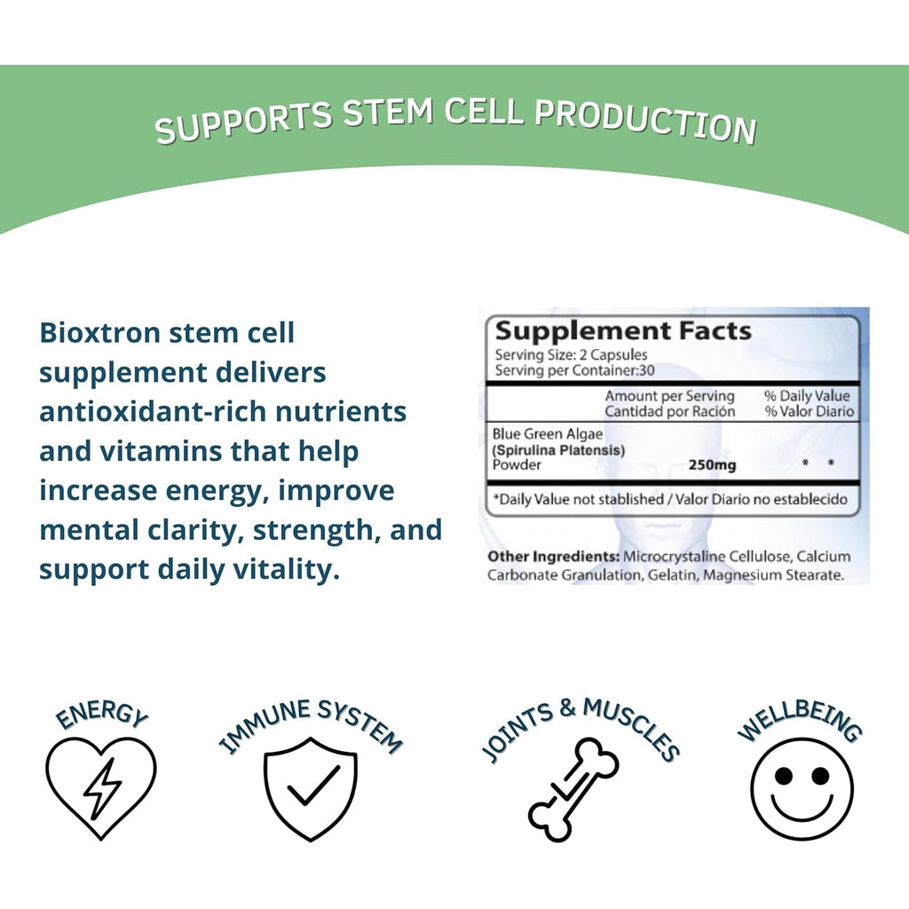 Bioxtron Natural Stem Cell Supplement Capsules - Cellular & Antioxidant Support Formula with Blue Green Algae, Spirulina, Immune & Energy Support - 60 Capsules