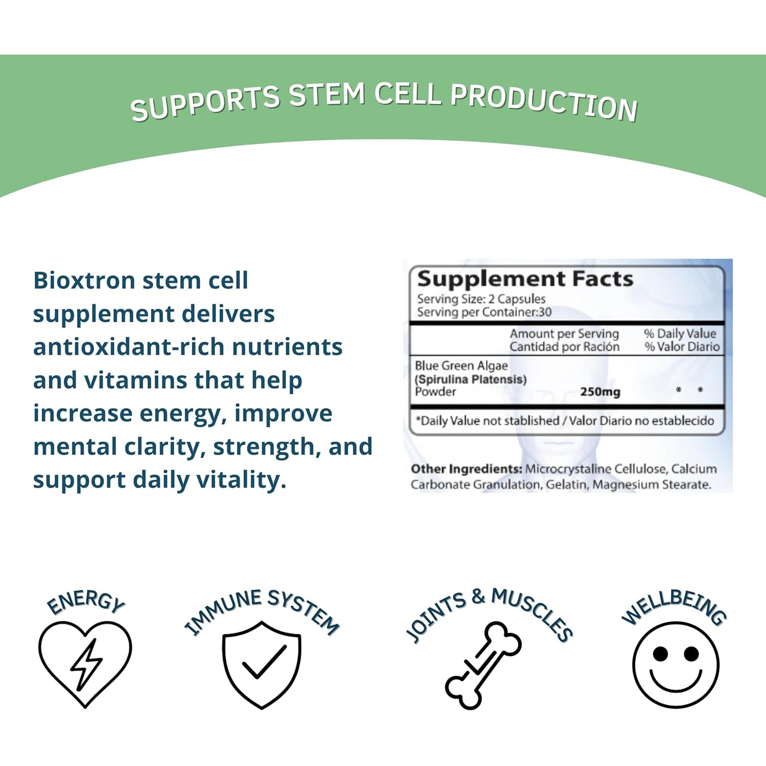 Bioxtron Natural Stem Cell Supplement Capsules - Cellular & Antioxidant Support Formula with Blue Green Algae, Spirulina, Immune & Energy Support - 60 Capsules