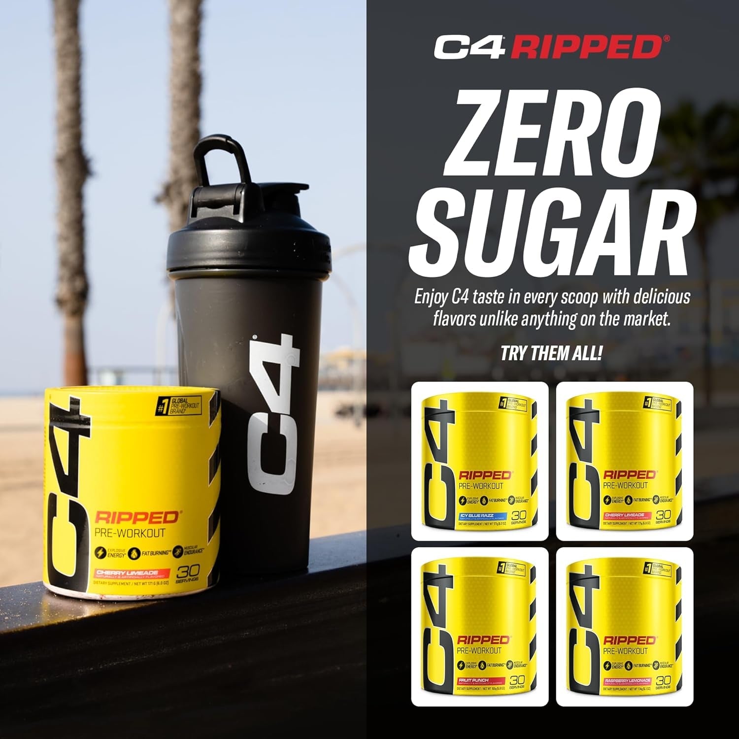 C4 Ripped Pre Workout Powder for Energy, Beta Alanine, Zero Sugar Energy Supplement Preworkout for Men & Women - 150Mg Caffeine + Creatine-Free - Icy Blue Razz - 30 Servings
