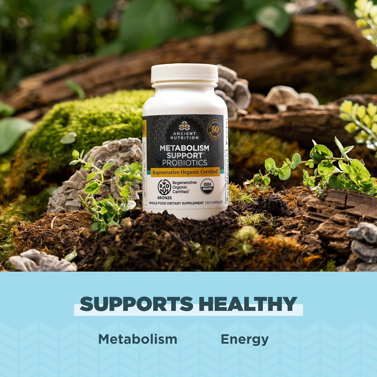 Ancient Nutrition Regenerative Organic Certified Probiotics for Metabolism Support, Healthy Digestion and Immune System Function Support, 50 Billion Cfus* per Serving, 60 Count