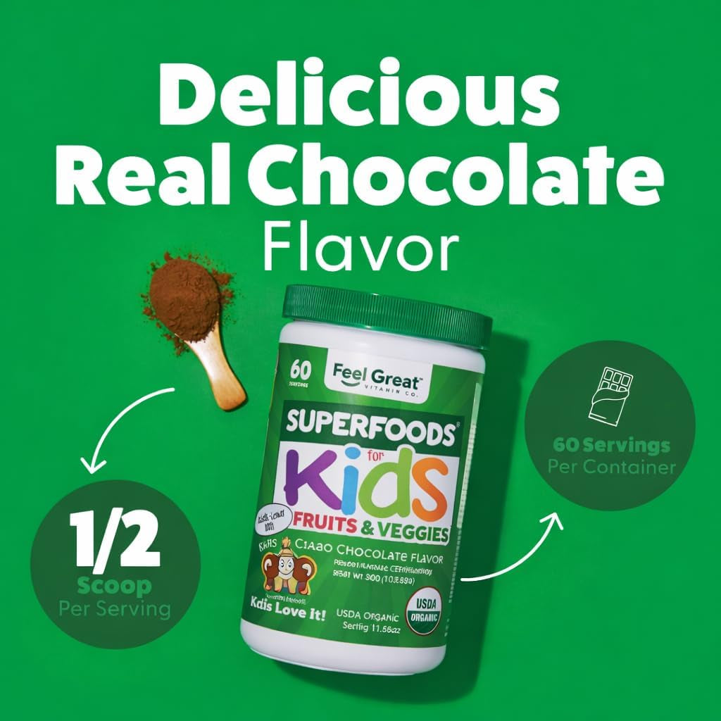 Feel Great USDA Organic Super Greens Powder for Kids - Cocao Chocolate | Fruit & Veggie Supplement | Superfood Powder with Probiotics & Digestive Enzymes for Digestive Health | 60 Days Supply