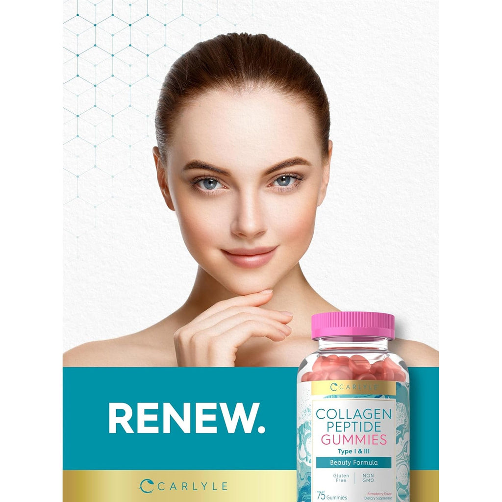 Carlyle Collagen Gummies | Strawberry Flavor Beauty Supplement | Collagen Peptides for Women & Men | Type 1 & 3 | Non-Gmo, Gluten Free