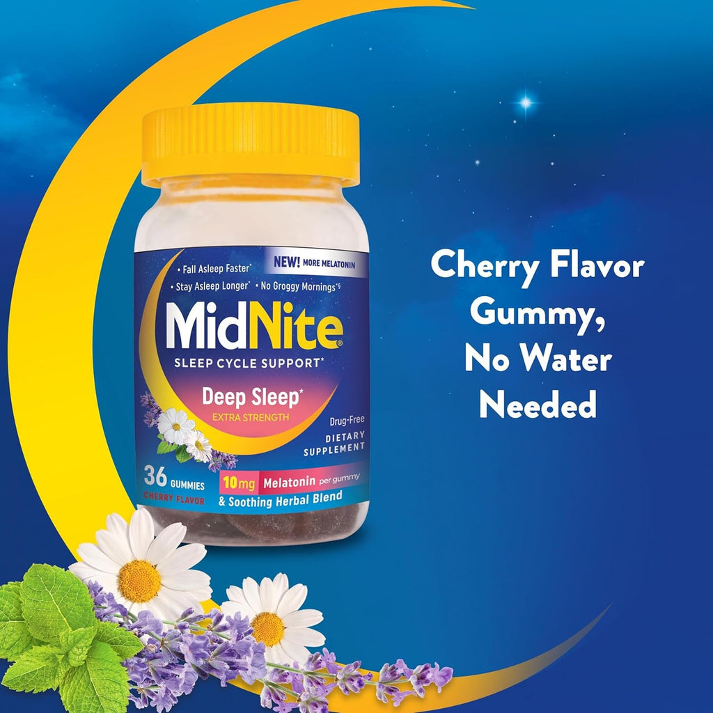 Midnite Deep Sleep Extra Strength, 10 Mg Melatonin Sleep Aid, Non-Habit Forming, Herbal Dietary Supplement for Adults, Drug-Free, Gluten-Free, and Lactose-Free, Vegetarian-Friendly, 36 Gummies
