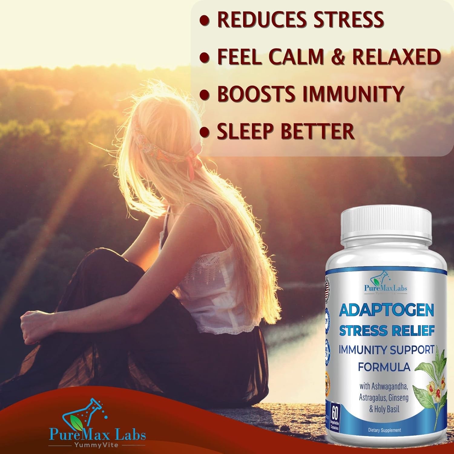 Adaptogen Stress Relief Immune Support Formula - Adaptogenic Adrenal Support with Ashwagandha, Astragalus, Ginseng, Holy Basil, Rhodiola, Amla, Maca, Schisandra, Non-Gmo - 60 Capsules