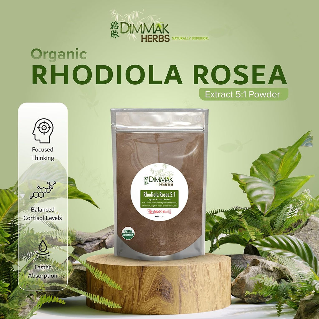 Dimmak Herbs Organic Rhodiola Rosea Extract 5:1 Powder (High Potency Adaptogen)- TCM Doctor Formulated 100% Golden Root for Energy, Focus & Cortisol Support- Non-Gmo, Extra Strength Concentrate (4Oz)