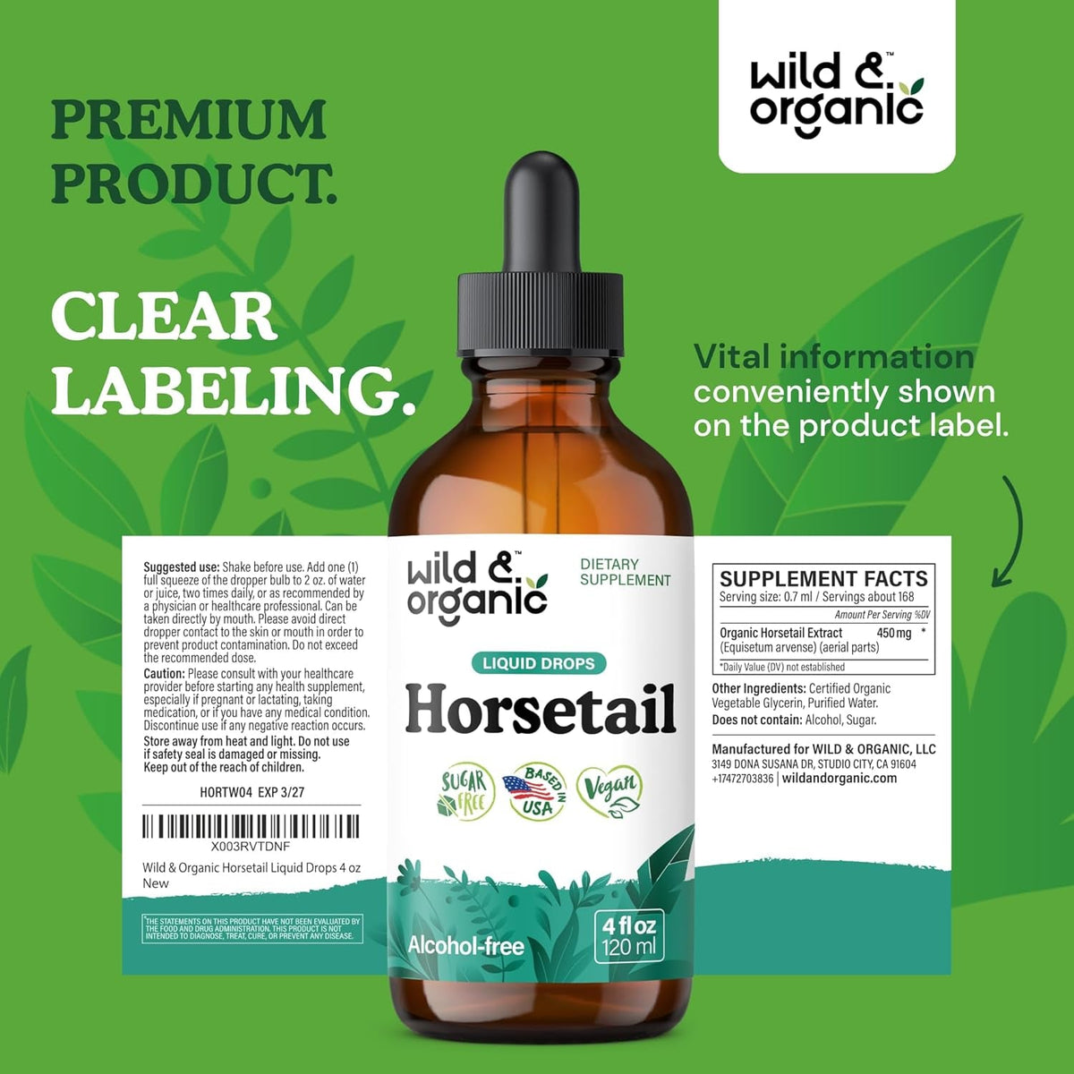 Wild & Organic Horsetail Herb Tincture - Hair Skin and Nails Support - Liquid Horsetail Supplement - Vegan, Sugar & Alcohol-Free Leaf Extract Drops - 4 Fl Oz