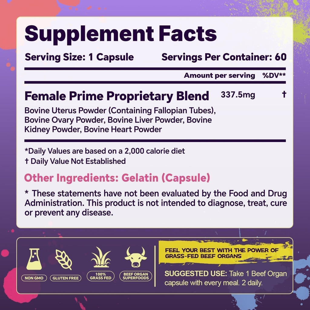 Female Beef Organ Supplement – Grass Fed & Pasture Raised – Beef Liver, Kidney, Uterus, Heart – Supports Hormone Balance, Energy, & Wellness – Grass Fed Natural Superfood for Women, 30 Days Supply
