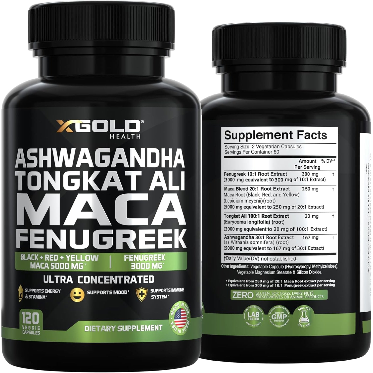 Ashwagandha 30:1 + Tongkat Ali 100:1 + Maca Root 20:1 + Fenugreek 10:1 Extract Supplement for Men & Women | High Potency Herbal Complex | Energy, Vitality & Performance Support | Made in USA