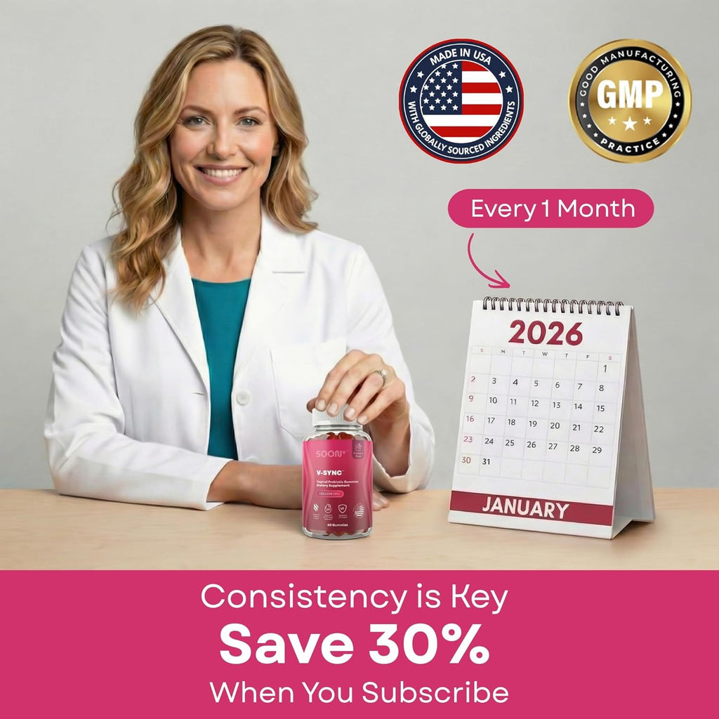 SOON+ Feminine Balance Gummies for Women, V-Sync Pineapple Probiotics for Ph Balance Support * Vaginal, Urinary, Immune, Digestive Wellness * with Bacillus Coagulans, Cranberry, Vitamin C, 60 Gummies