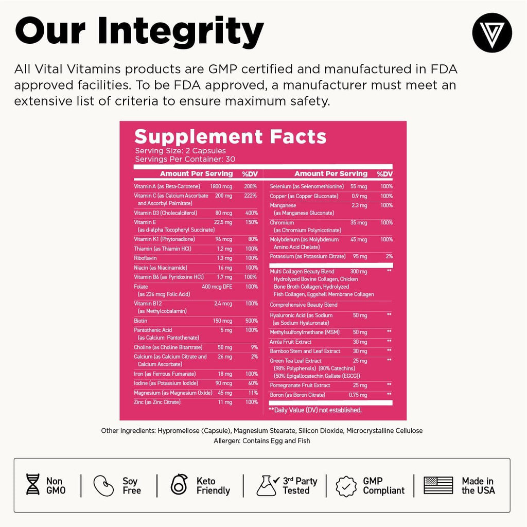 Vital Vitamins Women'S Multivitamin Complex - Made with Multi-Collagen Blend, Hyaluronic Acid, & MSM - Beauty Multivitamins - with Vitamin A, C, E, B6, B12, D3-60 Capsules