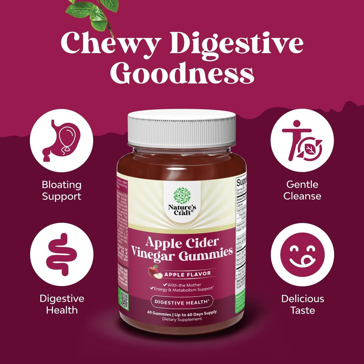 Apple Cider Vinegar Gummies with Mother - Cleanse & Detox ACV Gummies for Weight Loss, Gut Health, Bloating, Metabolism & Energy Support - ACV with Mother with B12 Vitamin, B6 & Pomegranate - 60 Ct