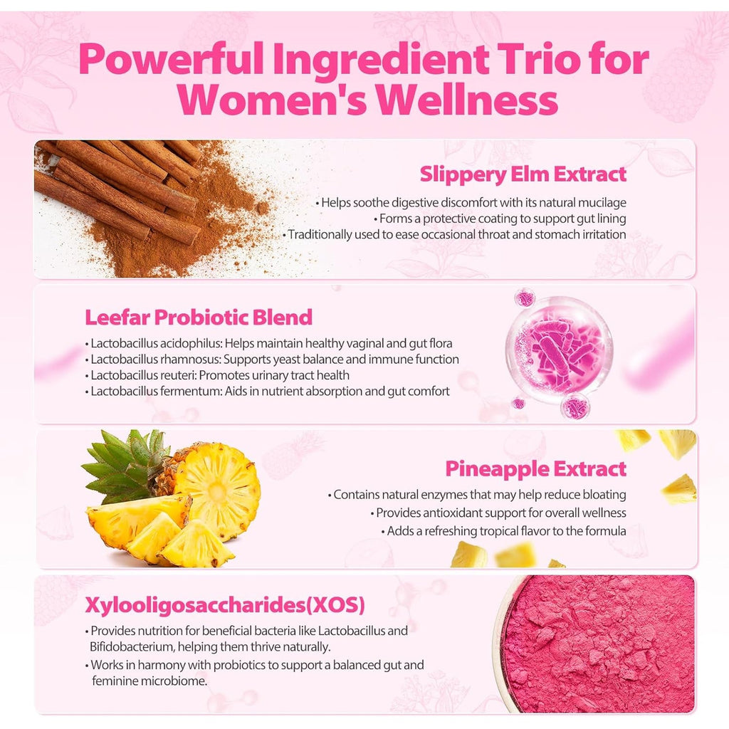 Her Juicy Feminine Probiotics Gummies with Slippery Elm Supports Ph Balance Gut Health & Immune System Promote Vaginal Health for Women 60 Pineapple Gummies