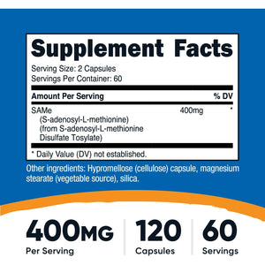 Nutricost Sam-E (S-Adenosyl-L-Methionine) 400Mg per Serving, 60 Servings, 200Mg per Capsule, 120 Capsules - Non-Gmo, Gluten Free Same, Vegetarian