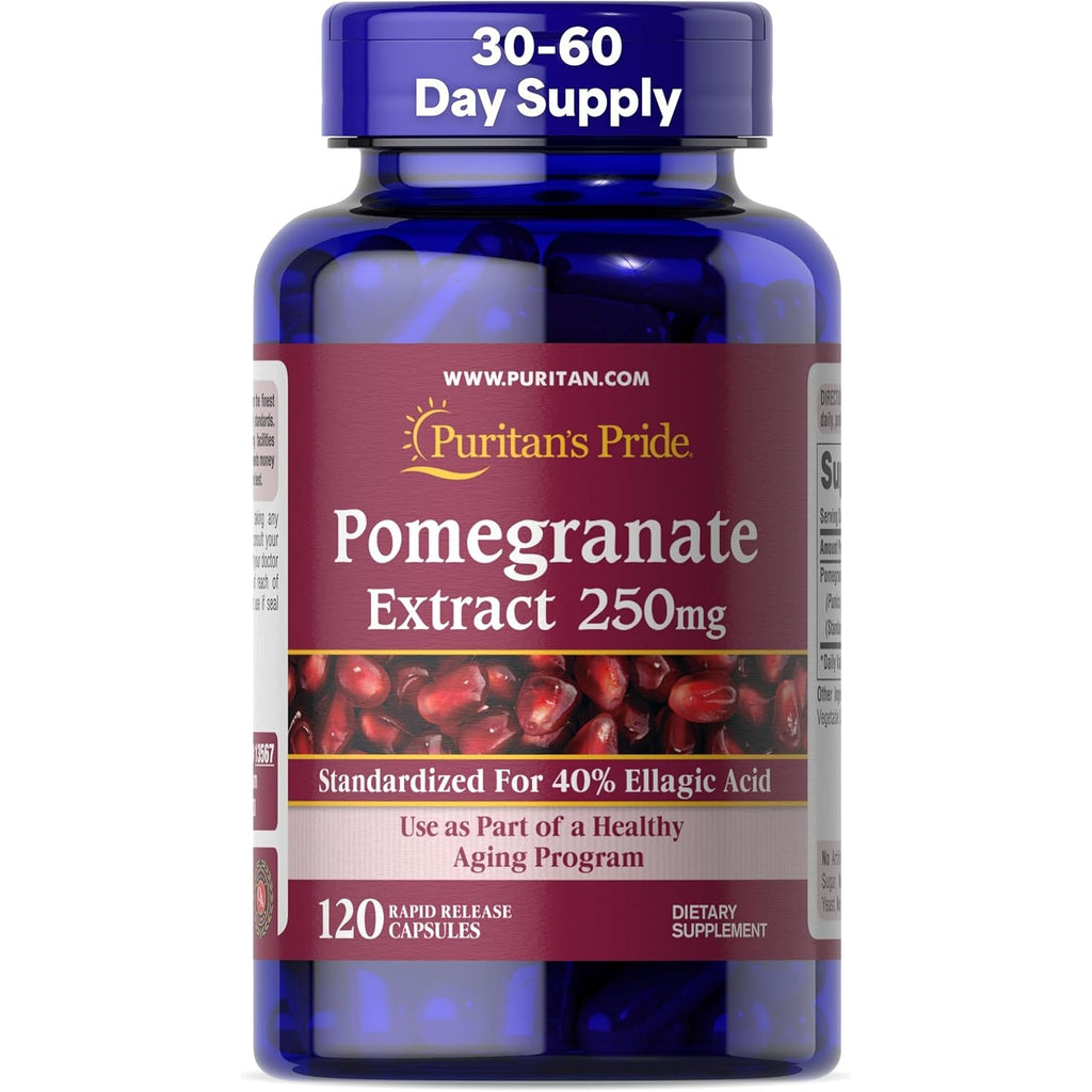Puritan'S Pride Premium Pomegranate Extract 250Mg, Dietary Supplement for Antioxidant Health and Healthy Aging Program, 40% Ellagic Acid,120 Rapid Release Capsules (Packaging May Vary)