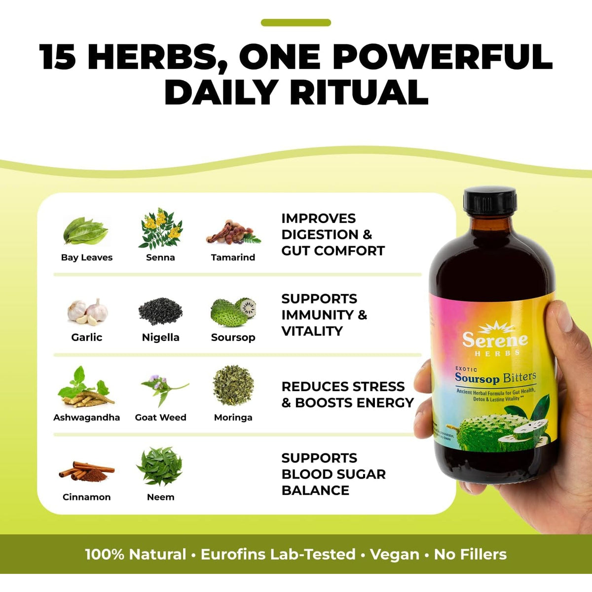 Serene Herbs Soursop Bitters Liquid with Soursop Leaves for Gut Cleanse, Detox & Immune Boost with Black Seed, Moringa, Irish Moss, Ashwaganda, Turmeric, 16 Fl Oz (16 Fl, Soursop)