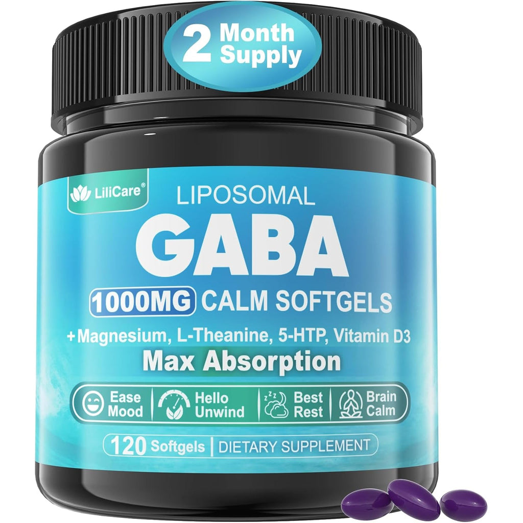 GABA Supplement - 1000 Mg Liposomal Form for Optimal Absorption, GABA with L-Theanine, Magnesium Glycinate, 5HTP, Vitamin D3 for Calm, Relaxation, Mood, Restful Night - Melatonin-Free 120 Softgels.