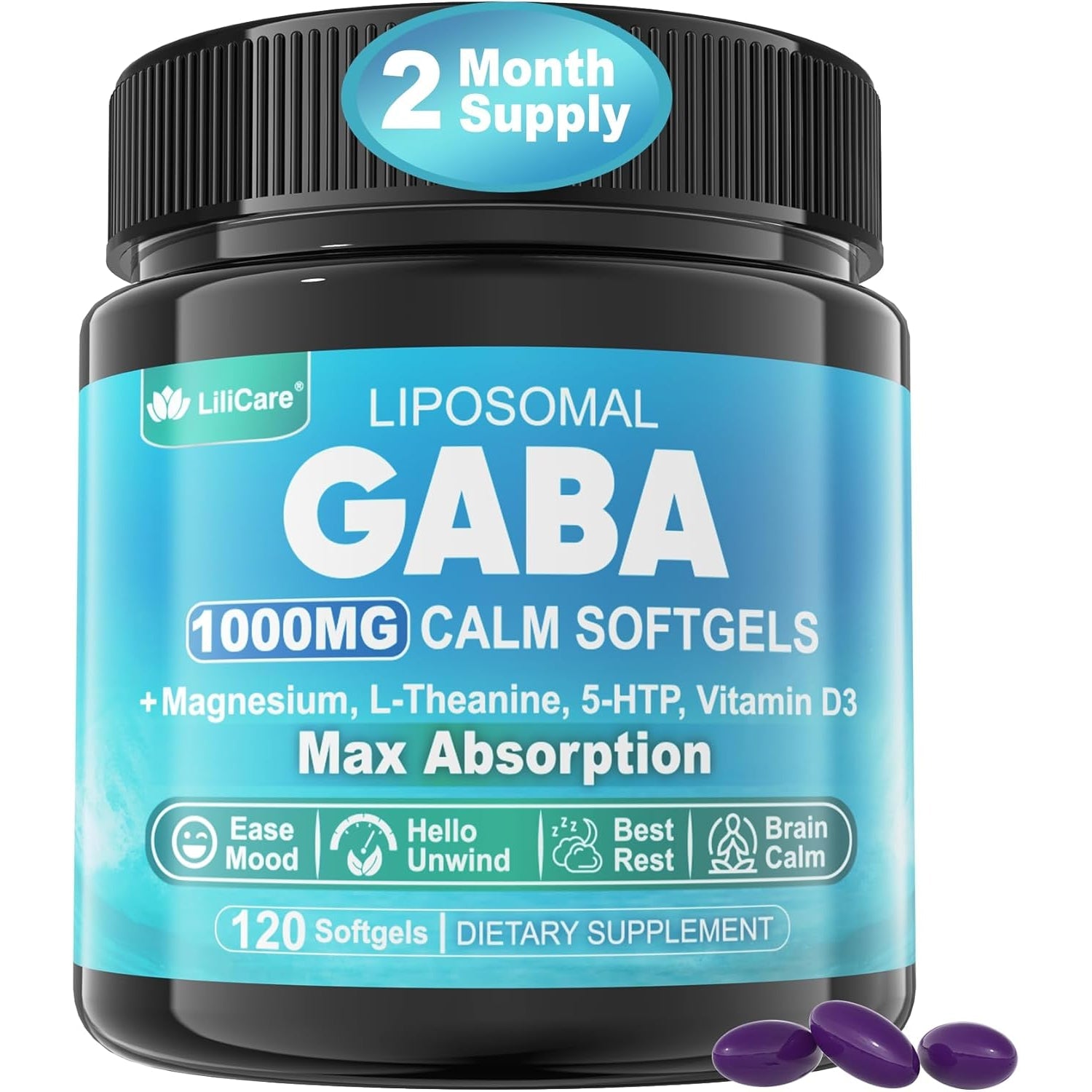 GABA Supplement - 1000 Mg Liposomal Form for Optimal Absorption, GABA with L-Theanine, Magnesium Glycinate, 5HTP, Vitamin D3 for Calm, Relaxation, Mood, Restful Night - Melatonin-Free 120 Softgels.