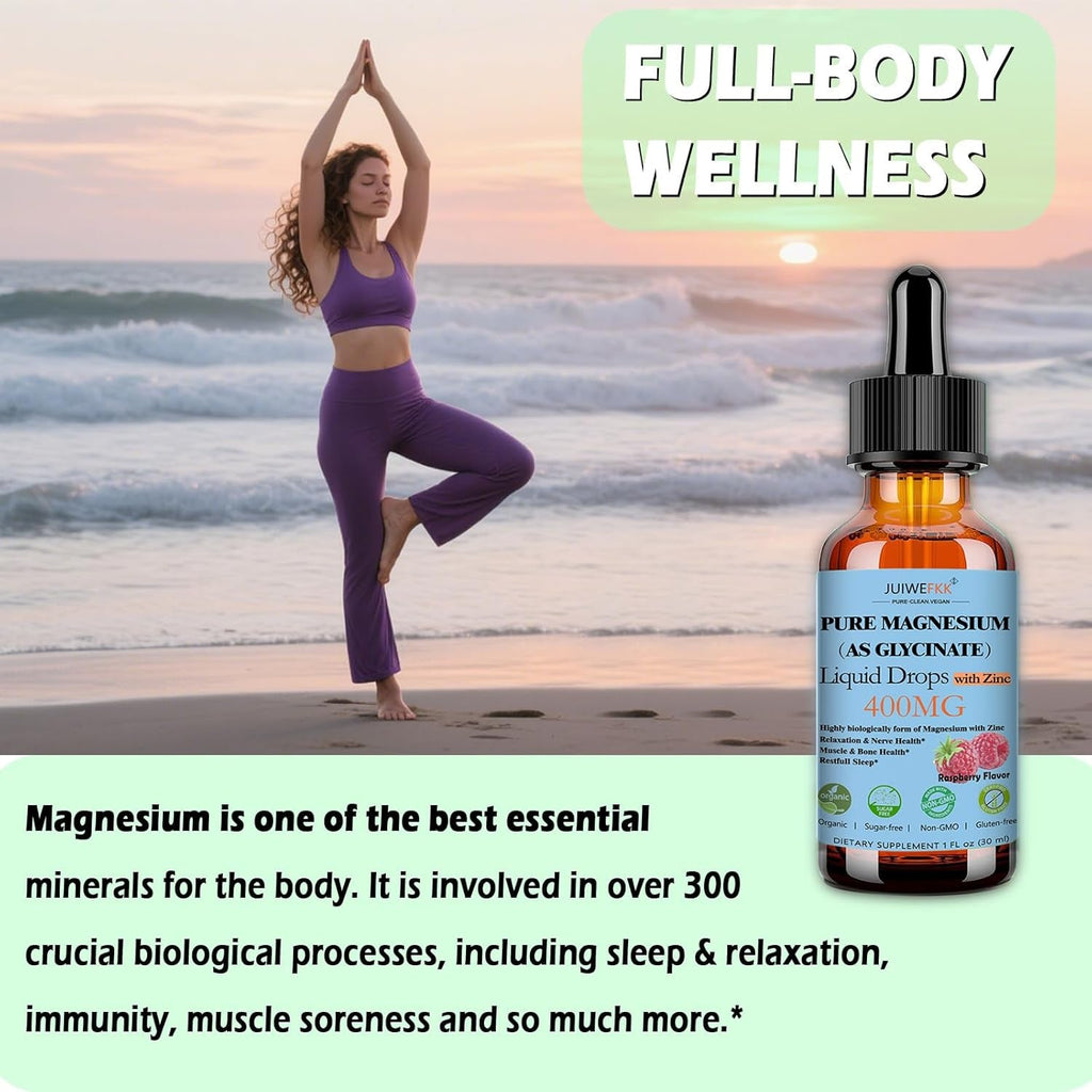 Pure Magnesium Glycinate 400Mg Liquid Drops, High Absorption Chelated Calm Magnesium with Zinc for Sleep Relaxation Muscle Bone Nerve & Brain Health, Non GMO, Vegan for Women Men & Kids