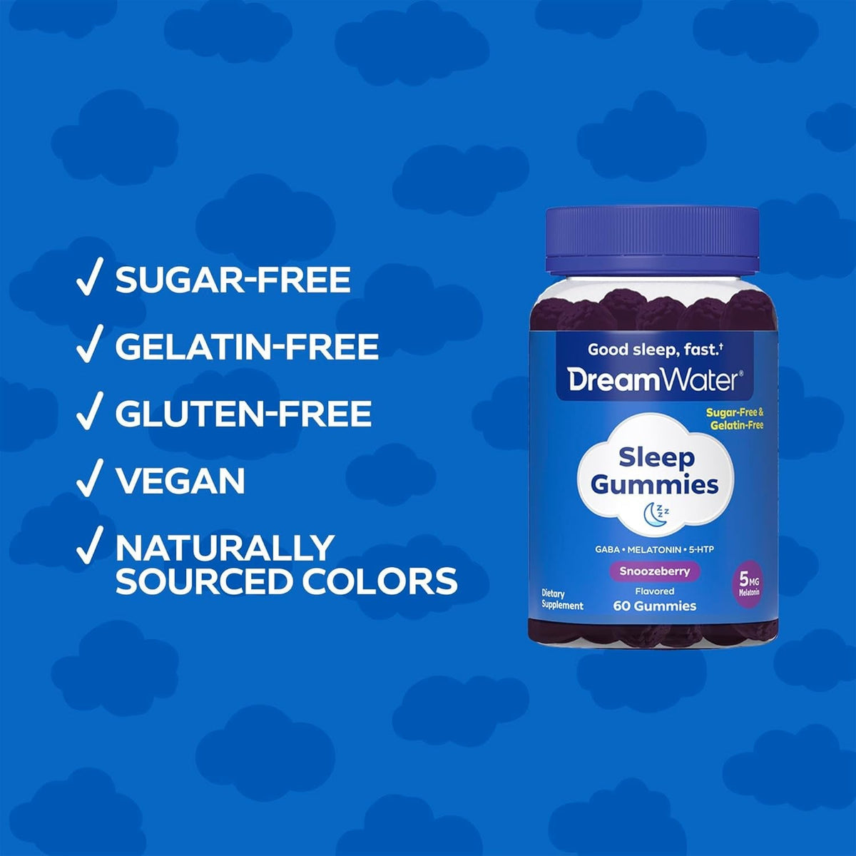 Dream Water Sleep Gummies (60 Count) Sleep Aids for Adults - 5Mg Melatonin, GABA, 5-HTP - Natural Snoozeberry Flavor (Blue Raspberry) - Easy Chew Melatonin Gummies - Sugar Free, Gluten Free, Vegan.