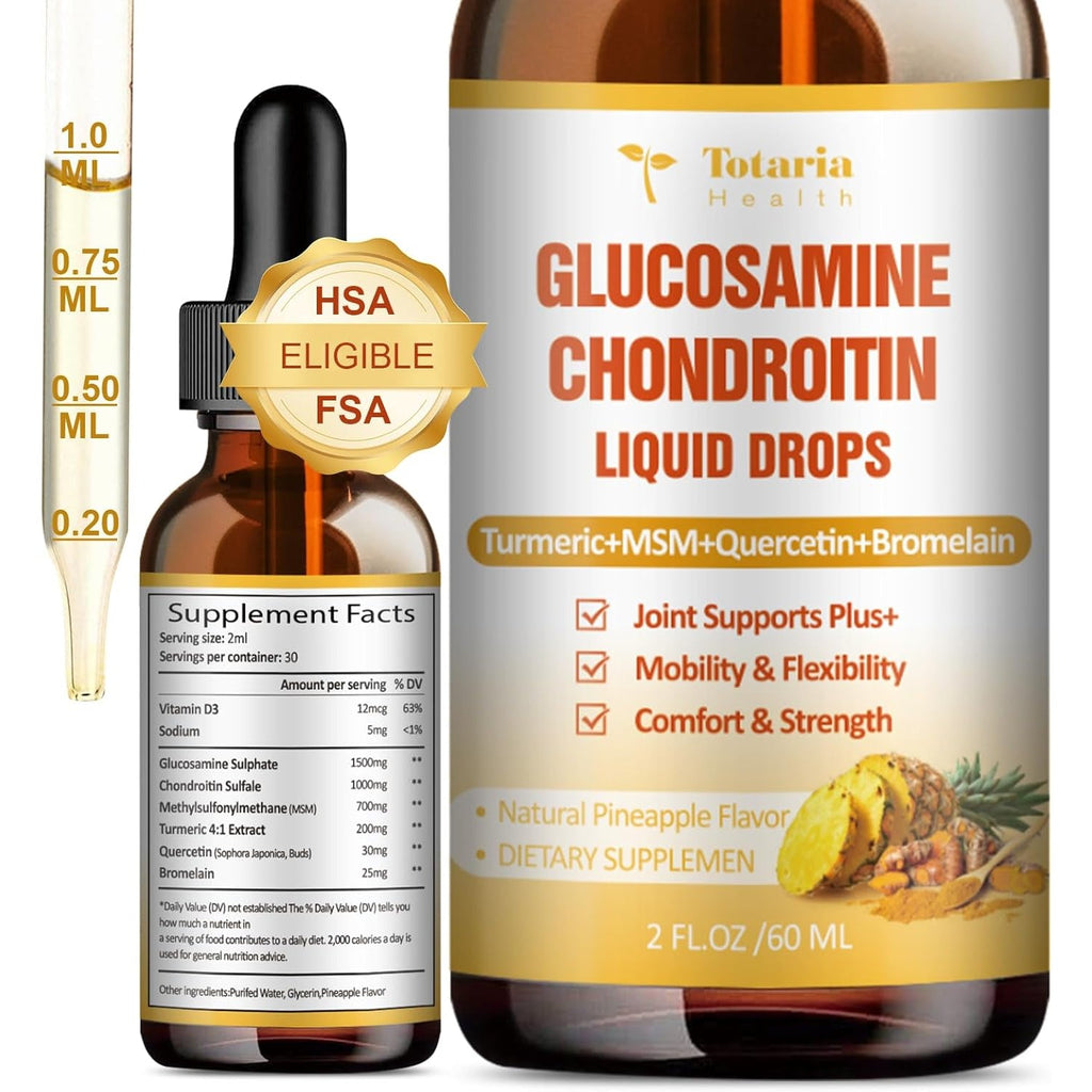 Glucosamine Chondroitin MSM Liquid Drops, Vitamin D3 - Joint Support Supplement for Mobility, Flexibility & Bones Chondroitin Sulfate Supplement Turmeric, Quercetin, Bromelain, MSM Oil 2 FL.OZ