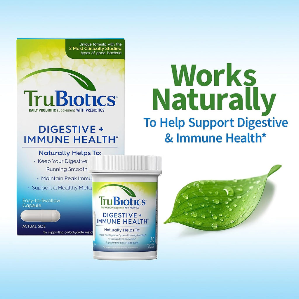 Trubiotics Probiotics for Digestive & Immune Health, Supports Regularity & Helps Relieve Abdominal Discomfort, Gas & Bloating, 2 Clinically Studied Probiotic Strains, plus Prebiotics, 60 Capsules