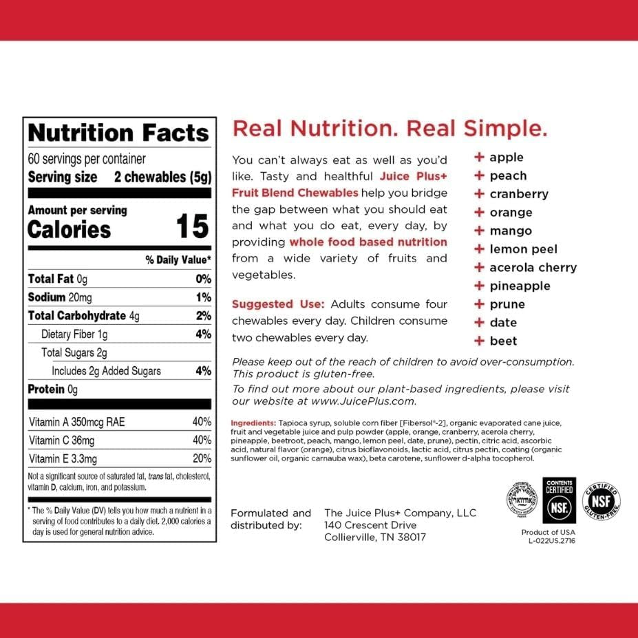 Juice Plus+ Fruit, Vegetable & Berry Blend Soft Chews (Chewables) - 30 Plant-Based Ingredients! Vegan Gummies for Kids & Adults - Gluten-Free, Non-Gmo, No HFCS - Prepacked 3 Pouches (30 Chews Each)