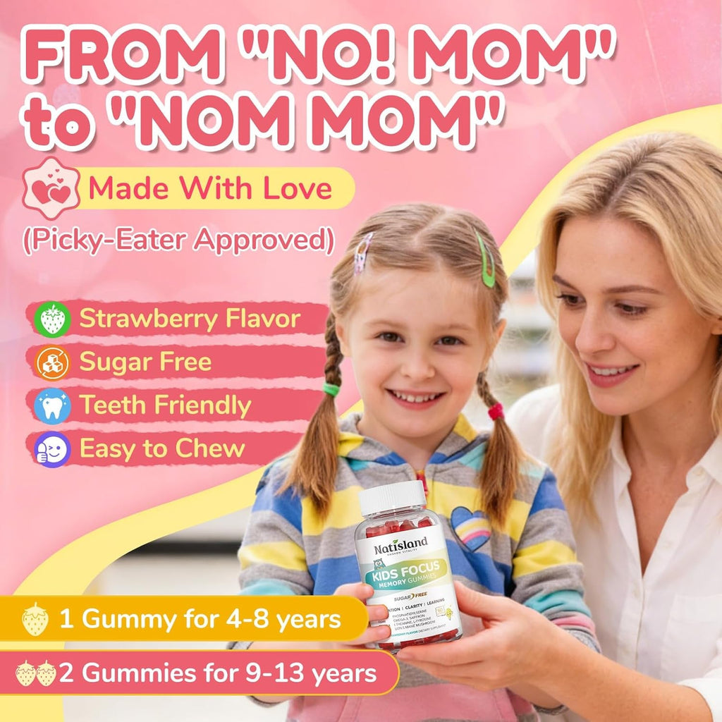Focus Gummies for Kids, Brain Supplements with Phosphatidylserine, Omega-3 & Saffron, for Kids Memory, Focus & Attention Support, Sugar Free, Vegan, Strawberry Flavor, 60 Chewable